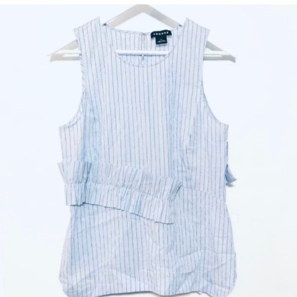TROUVÉ Cotton Stripe Ruffle Sleeveless Shirt, Light Blue